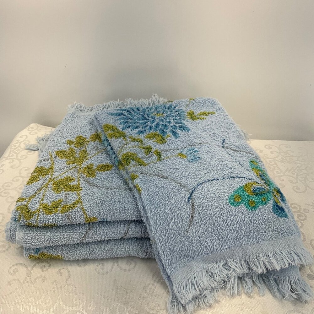 Vintage Canon‎ MCM Floral Blue Fringe Towel Set 4 Piece Set
